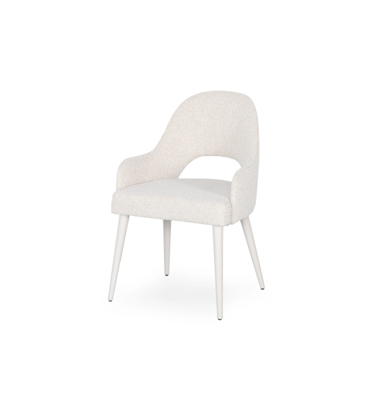 Chaise avec accoudoirs tapissés de tissu perle, avec pieds en laque perle. 