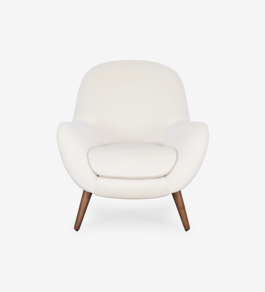 Oslo armchair upholstered in pearl fabric with walnut-stained ash wood legs.