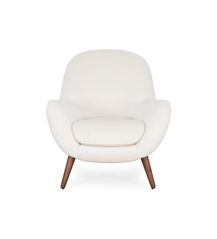 Oslo armchair upholstered in pearl fabric with walnut-stained ash wood legs.