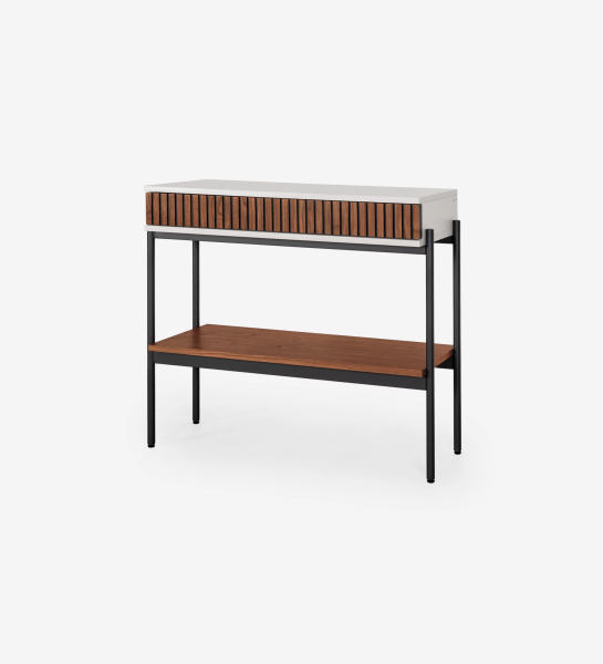 Console with drawer and shelf in natural walnut, pearl structure and black lacquered metal feet with levelers.