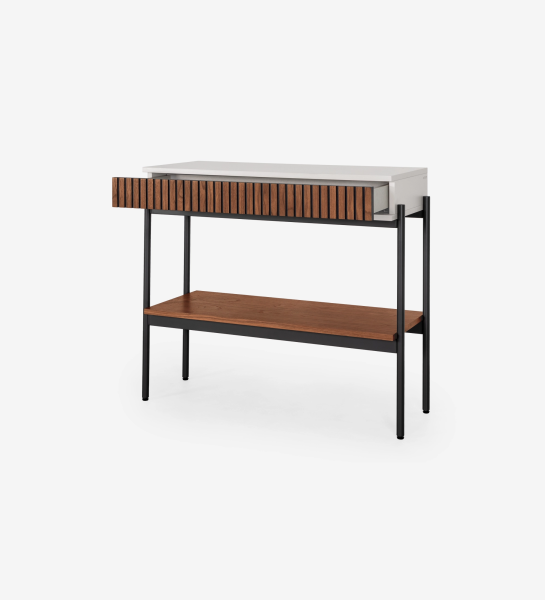 Console with drawer and shelf in natural walnut, pearl structure and black lacquered metal feet with levelers.