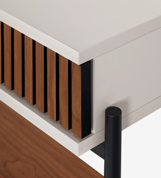 Console with drawer and shelf in natural walnut, pearl structure and black lacquered metal feet with levelers.