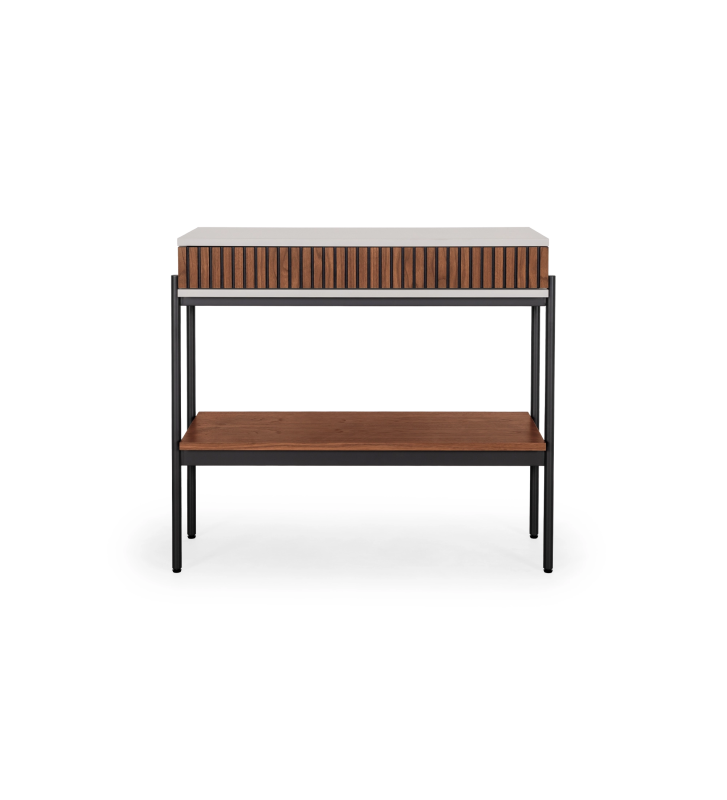 Console avec tiroir en noyer naturel, structure en perle et pieds en métal laqué noir avec niveleurs.
