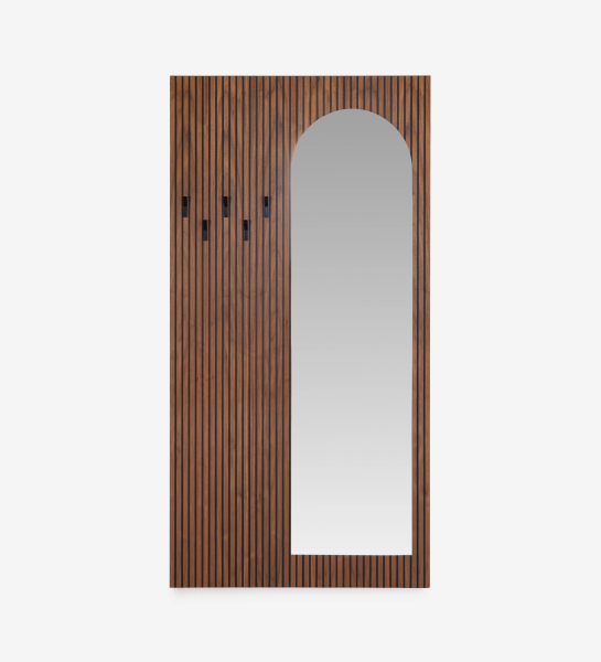 Panneau pour hall d'entrée en noyer naturel avec frises, avec miroir, crochets en noir.
