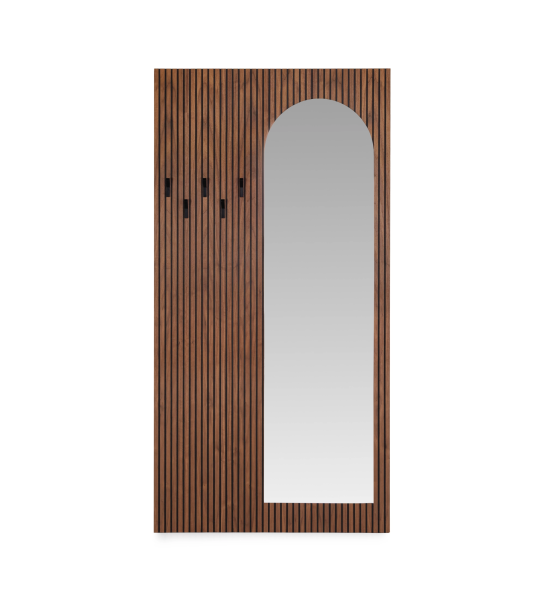 Painel para hall de entrada em nogueira natural com frisos, com espelho, ganchos em negro.