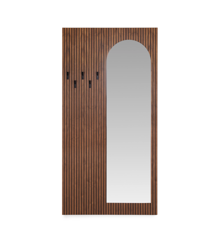 Panneau pour hall d'entrée en noyer naturel avec frises, avec miroir, crochets en noir.