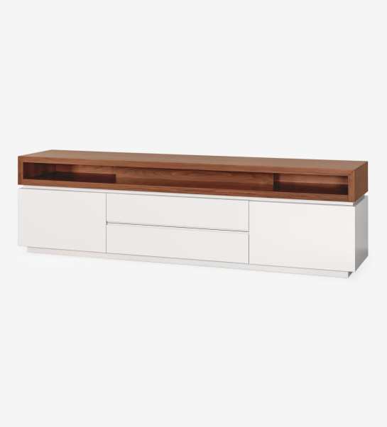 Meuble TV Nice structure laquée perle et module supérieur en noyer naturel, 235 x 67,5 cm.