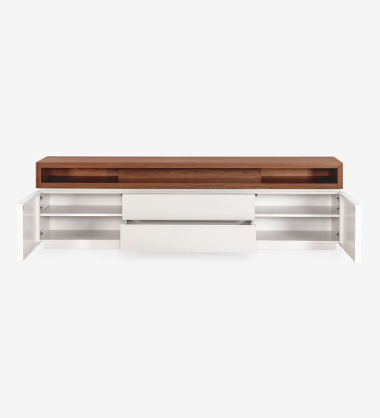 Meuble TV Nice structure laquée perle et module supérieur en noyer naturel, 235 x 67,5 cm.