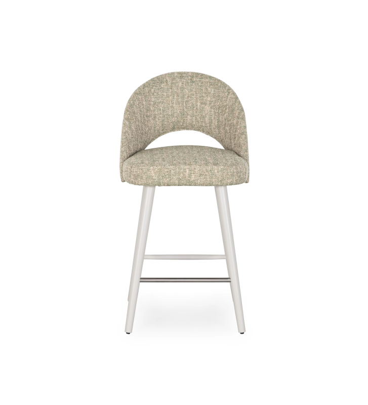Stool upholstered in green fabric, with pearl lacquered feet.