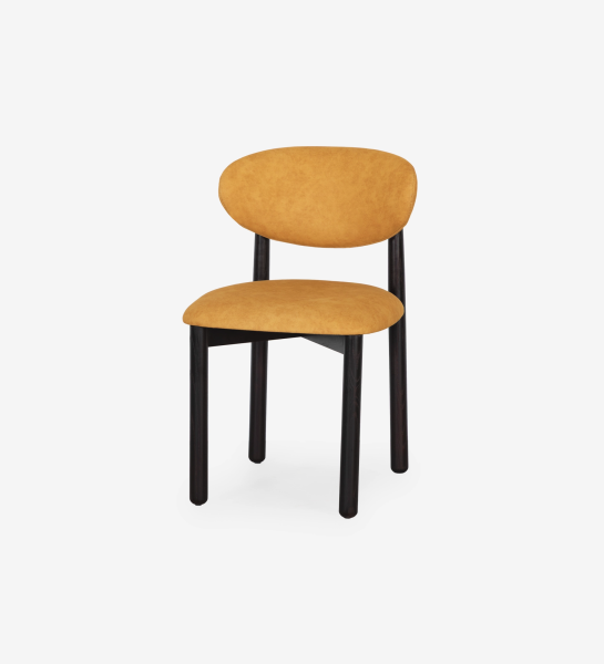 Ash wood chair in wenge color, with seat and backrest upholstered in yellow fabric.