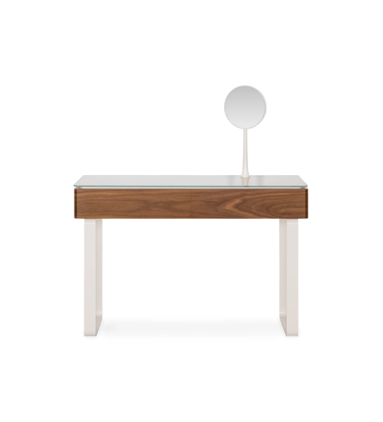 Dressing table with 2 drawers in natural walnut, metal structure and legs lacquered in pearl, and glass top.