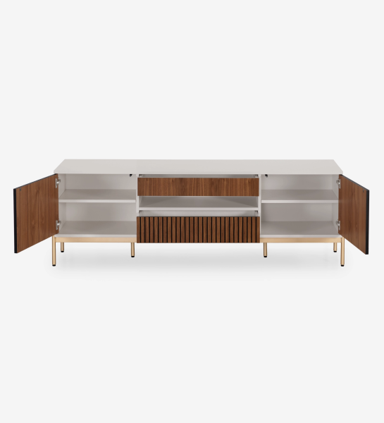 Mueble TV Cannes 2 puertas y 2 cajones en nogal natural, estructura perla y pies en metal lacado dorado con niveladores, 200 x 64,5 cm.