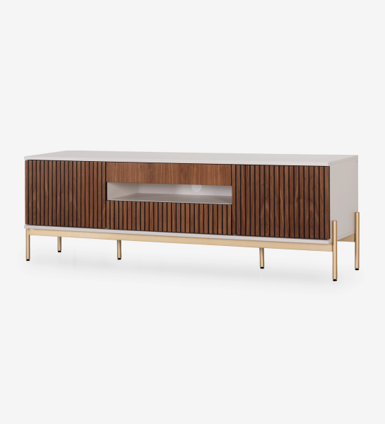 Mueble TV Cannes 2 puertas y 2 cajones en nogal natural, estructura perla y pies en metal lacado dorado con niveladores, 200 x 64,5 cm.