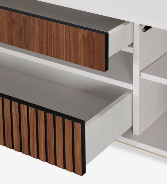 Mueble TV Cannes 2 puertas y 2 cajones en nogal natural, estructura perla y pies en metal lacado dorado con niveladores, 200 x 64,5 cm.