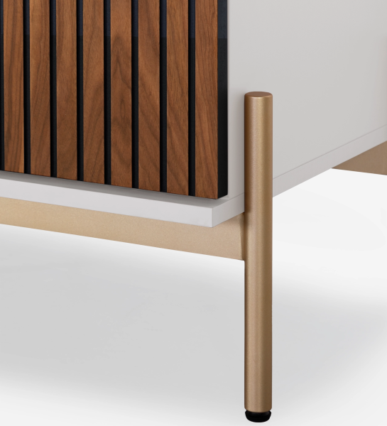 Mueble TV Cannes 2 puertas y 2 cajones en nogal natural, estructura perla y pies en metal lacado dorado con niveladores, 200 x 64,5 cm.