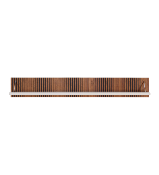 Estante Cannes en perla, respaldo en nogal natural con cenefas, 195 x 28 cm.