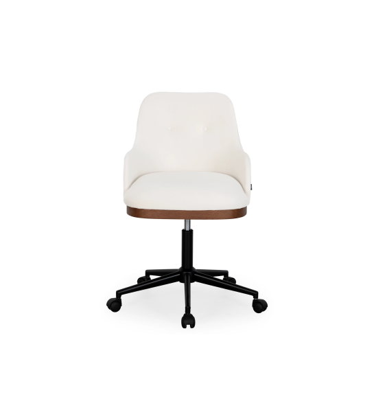 Fauteuil exécutif pivotant, revêtu de tissu blanc, avec détail en noyer.