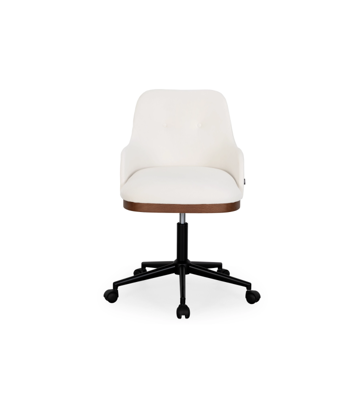 Silla ejecutiva giratoria, tapizada en tela blanca, con detalle en nogal.