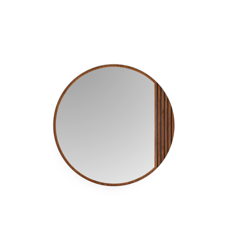 Miroir rond avec frises en noyer naturel