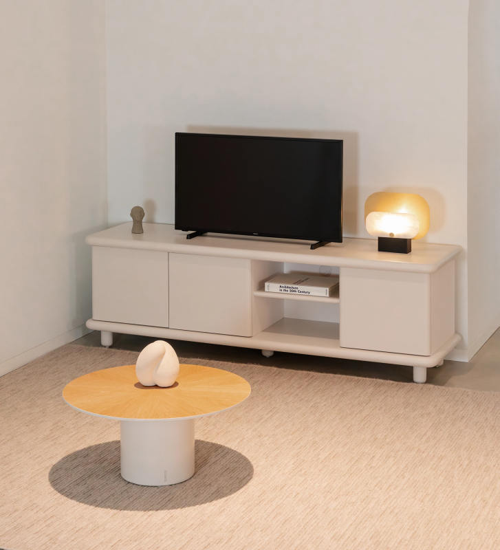 Mesa de centro Paris redonda , tapa en roble natural, pie lacado perla, Ø 75 cm.
