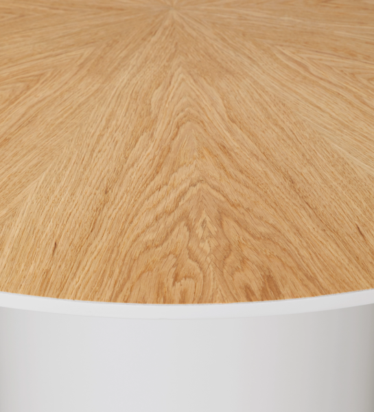 Mesa de centro Paris redonda , tapa en roble natural, pie lacado perla, Ø 75 cm.