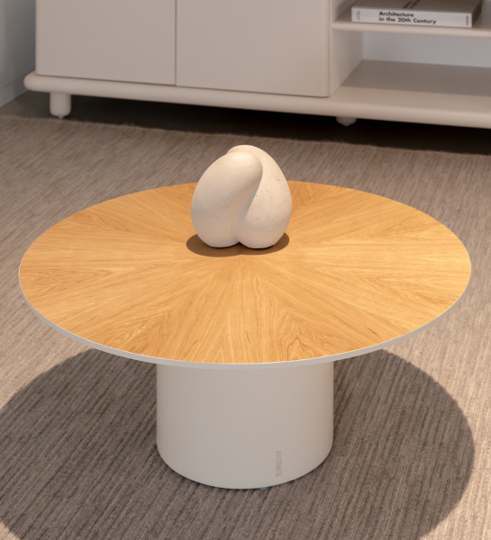 Mesa de centro Paris redonda , tapa en roble natural, pie lacado perla, Ø 75 cm.