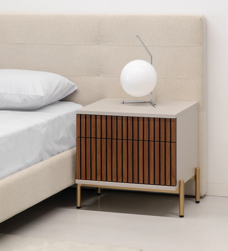 Bedside table with 2 drawers with natural walnut trim, pearl structure and gold lacquered metal legs with levelers.