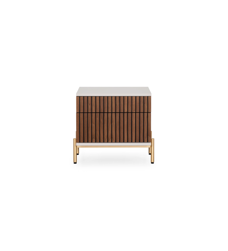 Bedside table with 2 drawers with natural walnut trim, pearl structure and gold lacquered metal legs with levelers.
