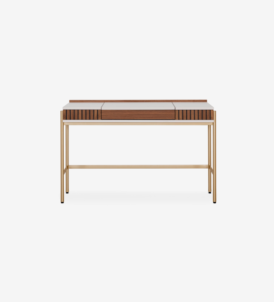 Dressing Table with 2 drawers with natural walnut friezes, pearl structure and gold lacquered metal feet with levelers.