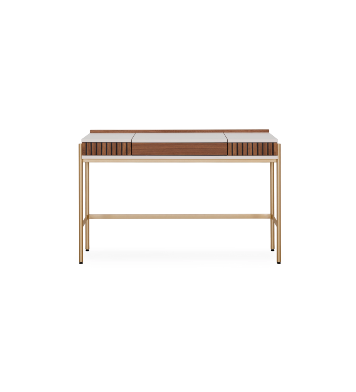 Dressing Table with 2 drawers with natural walnut friezes, pearl structure and gold lacquered metal feet with levelers.