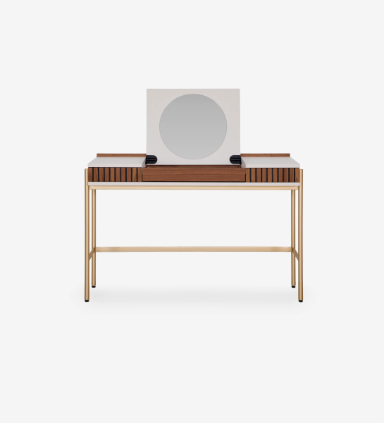 Dressing Table with 2 drawers with natural walnut friezes, pearl structure and gold lacquered metal feet with levelers.