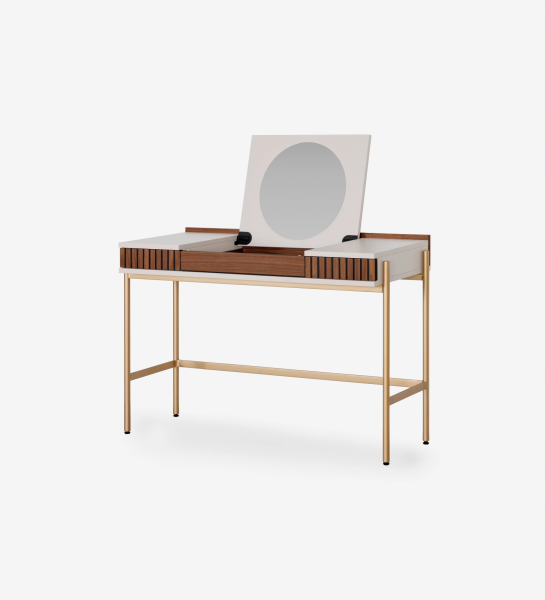Dressing Table with 2 drawers with natural walnut friezes, pearl structure and gold lacquered metal feet with levelers.