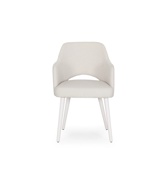 Chair with armrests upholstered in pearl fabric and pearl lacquered foot.