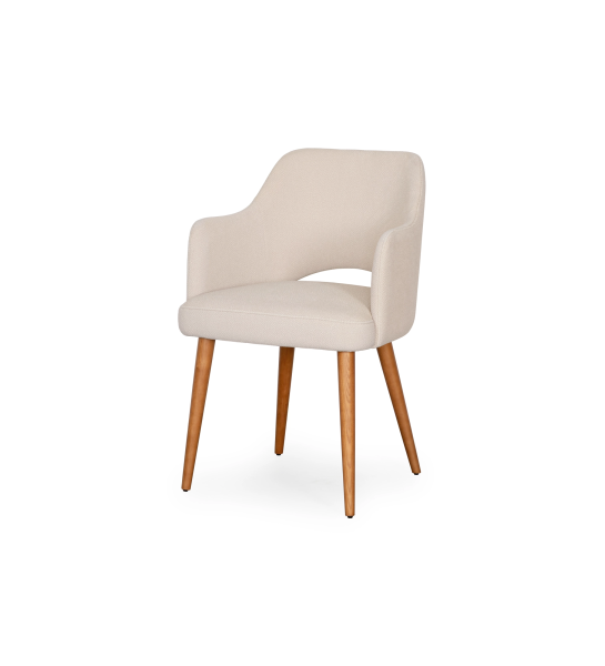 Armchair upholstered in beige fabric, with honey-colored wooden legs.