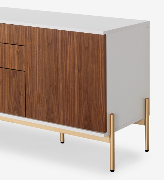 Sideboard with 2 doors, 1 hinged door and two natural walnut drawers, pearl structure and gold lacquered metal legs with levelers.
