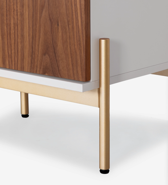 Sideboard with 2 doors, 1 hinged door and two natural walnut drawers, pearl structure and gold lacquered metal legs with levelers.