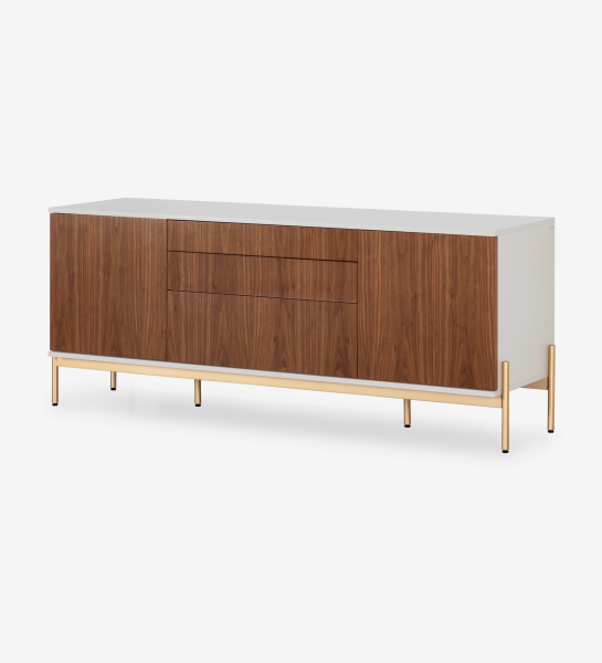 Sideboard with 2 doors, 1 hinged door and two natural walnut drawers, pearl structure and gold lacquered metal legs with levelers.