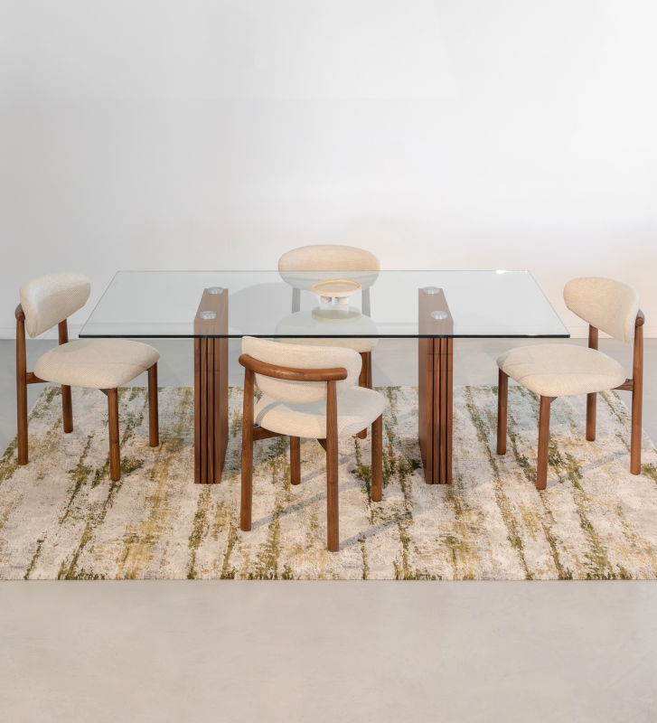 Cannes rectangular dining table 200 x 98 cm, glass top, natural walnut slatted feet.