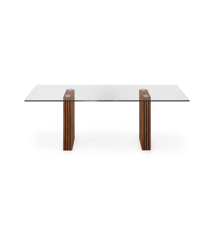 Cannes rectangular dining table 200 x 98 cm, glass top, natural walnut slatted feet.