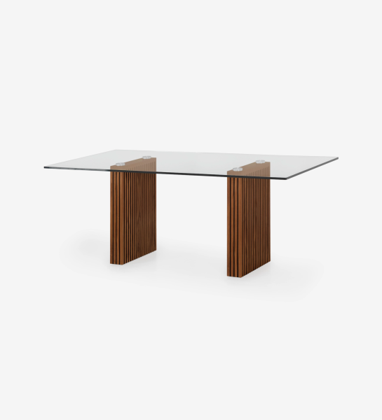 Table de repas rectangulaire Cannes 200 x 98 cm, plateau en verre, pieds en noyer naturel à frises.