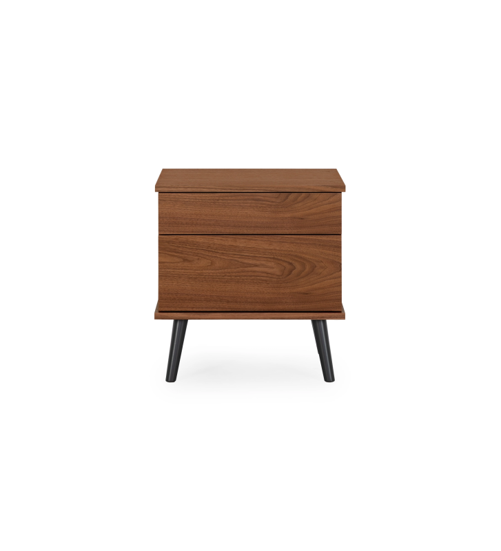 Oslo bedside table with 2 drawers and structure in natural walnut veneer. Black lacquered legs. Dimensions: 55 x 57.5 cm.
