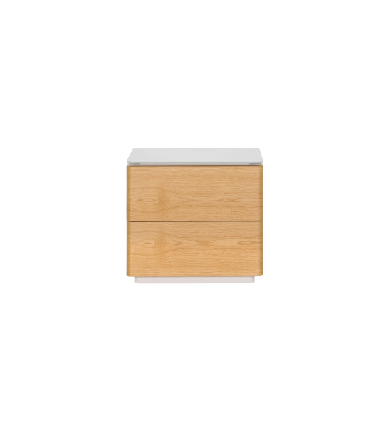 Table de chevet avec 2 tiroirs en chêne naturel, structure laquée perle avec plateau en verre