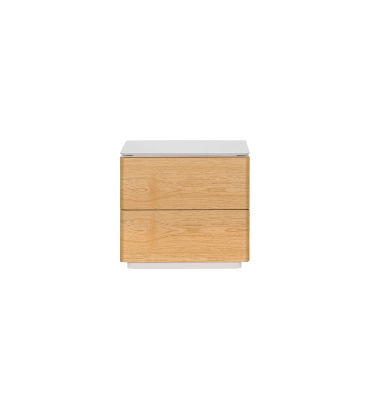 Bedside table with 2 drawers in natural oak, pearl lacquered frame and glass top.