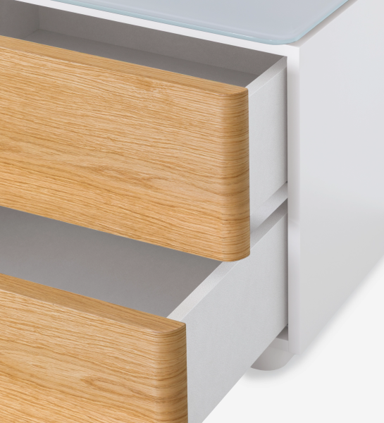 Table de chevet avec 2 tiroirs en chêne naturel, structure laquée perle avec plateau en verre