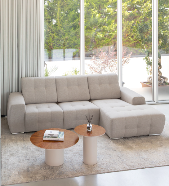 Madrid 2-seater sofa and right chaise longue, upholstered in grey fabric, 287 cm.