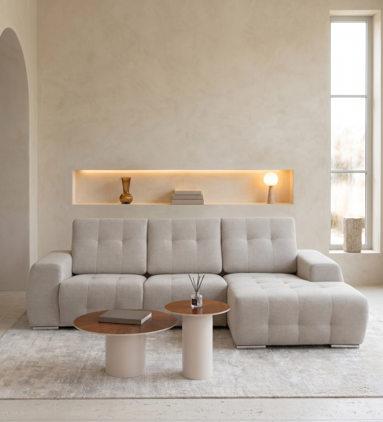 Madrid Sofa with Chaise Longue in light beige fabric in sunlit living room