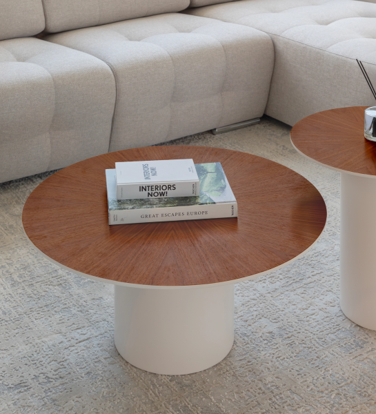 Mesa de centro Paris redonda, tampo em nogueira natural, pé lacada a pérola, Ø 75 cm. 