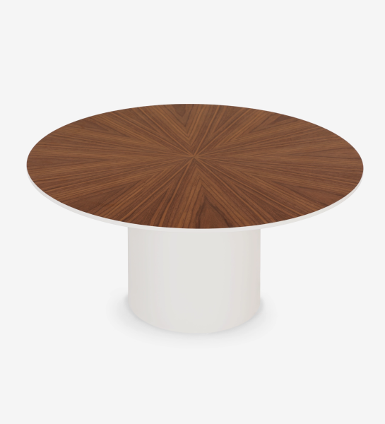 Mesa de centro Paris redonda, tampo em nogueira natural, pé lacada a pérola, Ø 75 cm. 