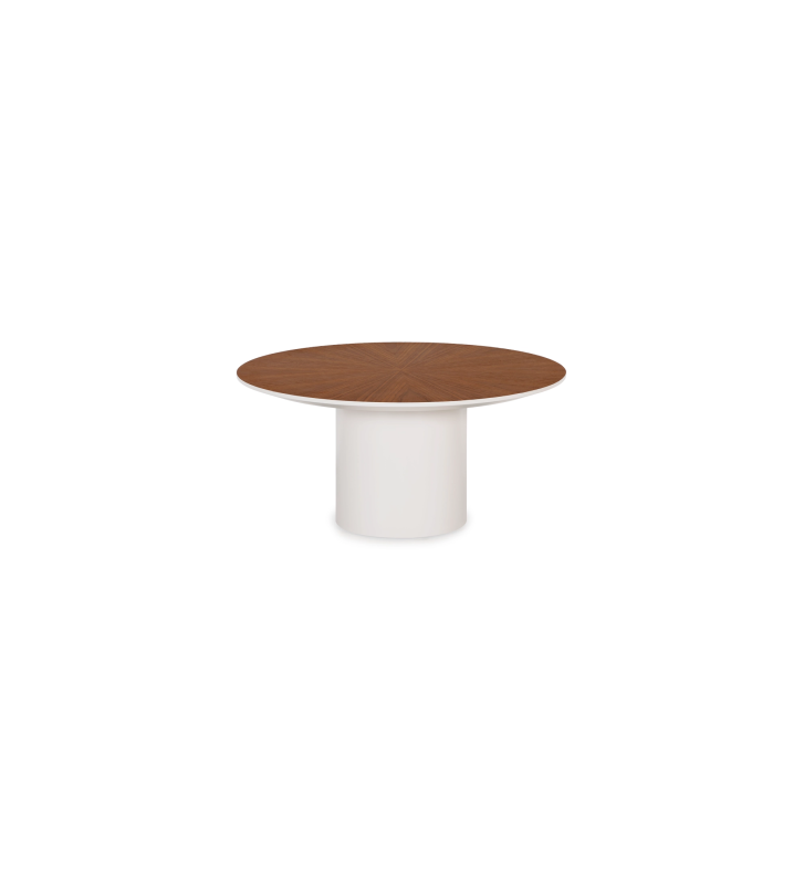 Mesa de centro Paris redonda , tapa en nogal natural, pie lacado perla, Ø 75 cm.