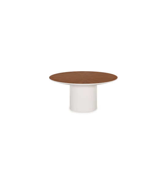 Mesa de centro Paris redonda , tapa en nogal natural, pie lacado perla, Ø 75 cm.